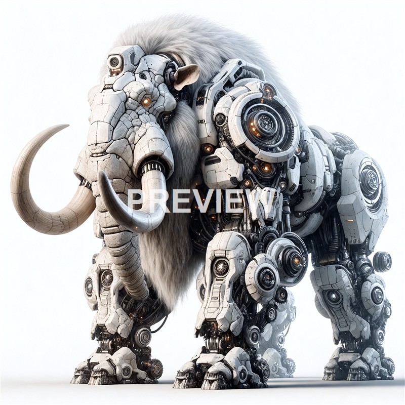 The image depicts a highly detailed, futuristic robotic elephant with a body composed of white metal and mechanical parts, featuring glowing elements and a realistic, textured appearance.